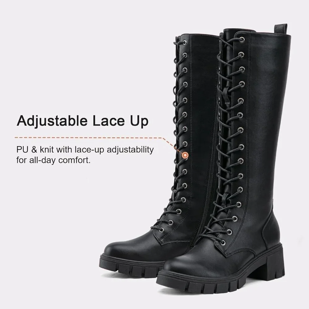 Women's Black Pu 953 Chunky Platform Heel Lace Gothic Knee High Combat Boots